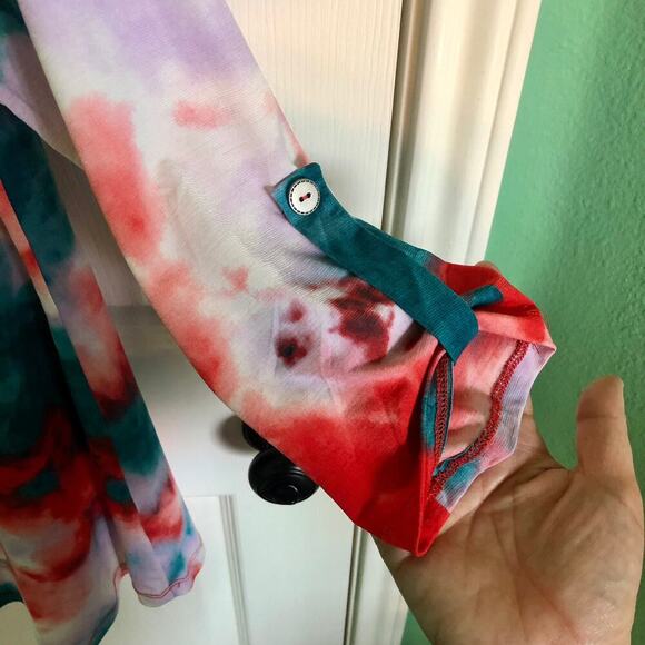 Honeyme Tie Die 3/4 Sleeve Red White Purple Teal Flowy Blouse Size Small - Picture 4 of 6
